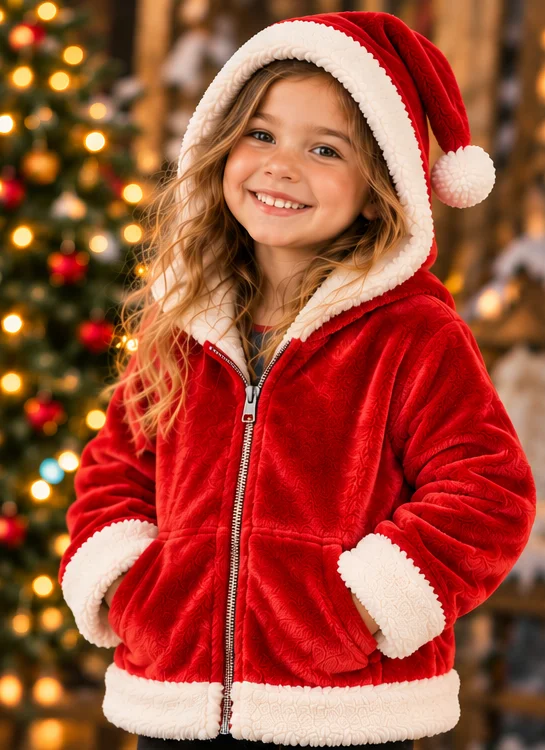 Smiling child wearing the red Santa Sack Hoodie with sherpa-trimmed hood
