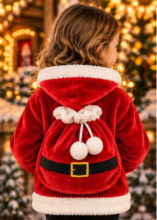 Back of the Santa Sack Hoodie showing the drawstring sack and gold buckle belt